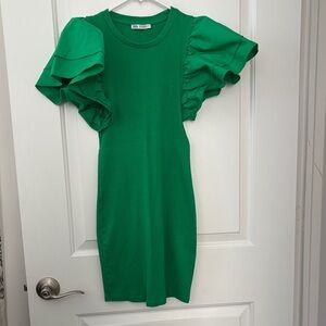 Zara Emerald Ruffle Sleeve Mini Dress